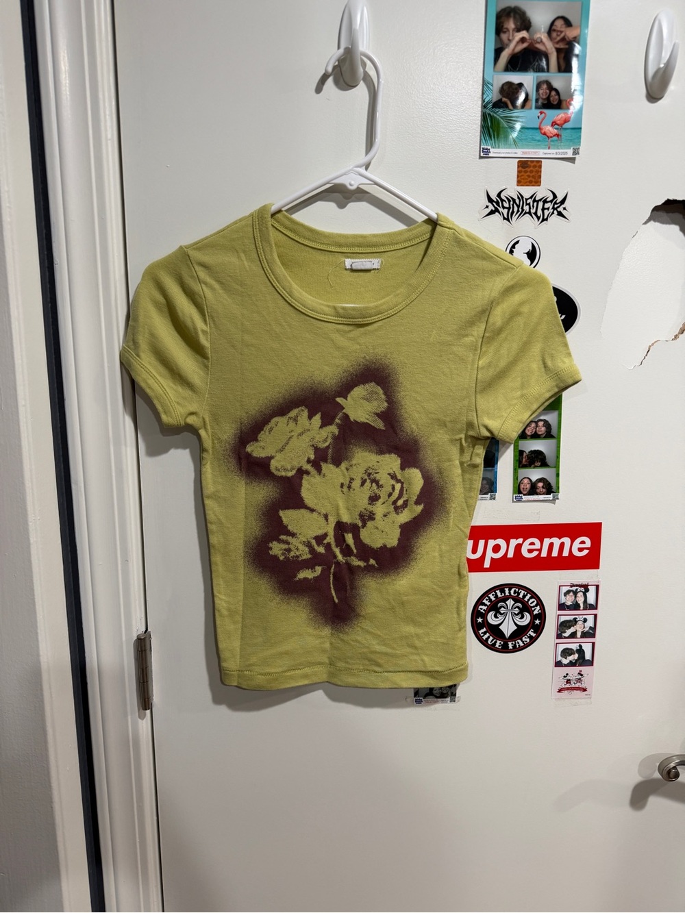 Y2K Chartreuse Lime Green Baby Tee Floral Burgundy Moody Graphic Top Cottagecore